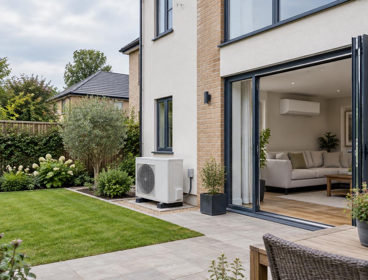 Modern UK home with air conditioning and an air source heat pump
